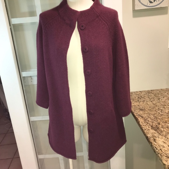 Eileen Fisher 100% wool pockets plum sweater 3/4 sleeves coat - Picture 3 of 16